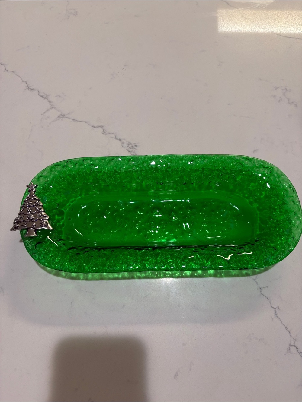 Green Decorative Glass Tray with Silver Christmas Tree Accent